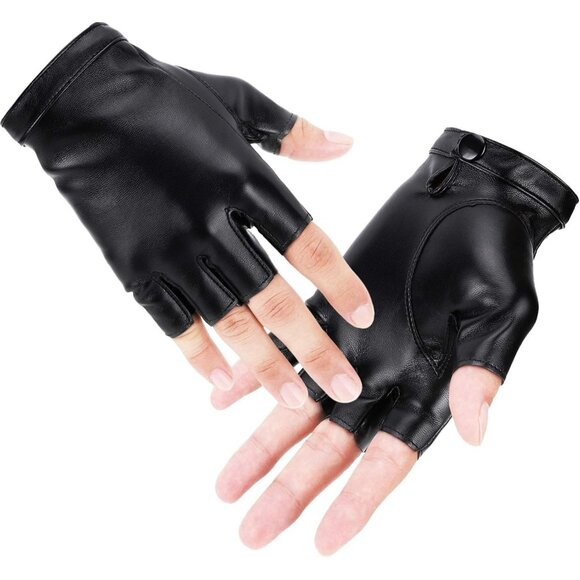 Men's Black PU Faux Leather Outdoor Sports Cosplay Costume Half Finger Gloves - Picture 3 of 8